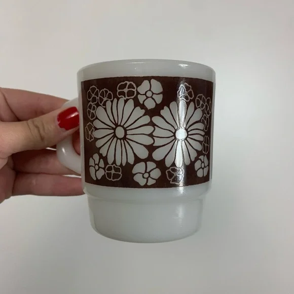 Vtg Anchor Floral Milk Glass Stackable Coffee Mugs USA Oven Proof Brown Lot Of 8 - Picture 15 of 15